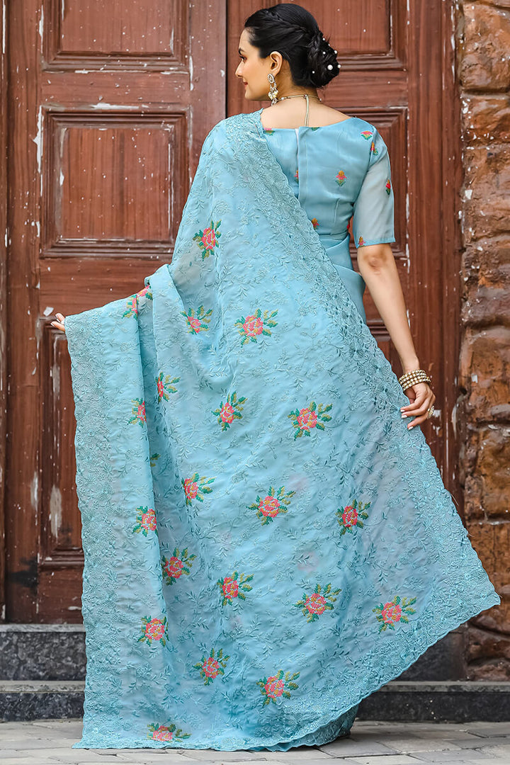 Jordy Blue Emboroidey Worked Chiffon Saree