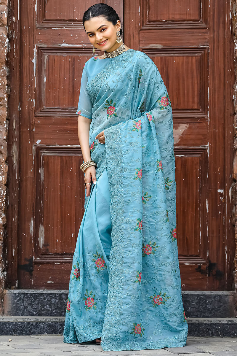 Jordy Blue Emboroidey Worked Chiffon Saree