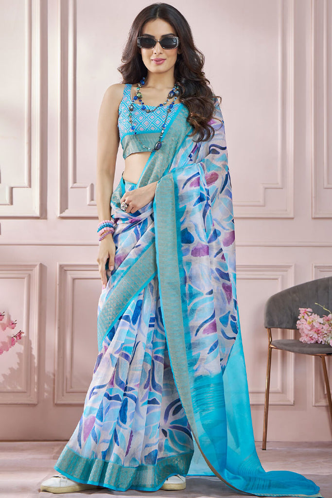 Jordy Blue Zari Woven Printed Soft Silk Saree