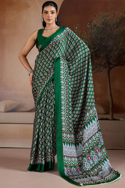 Kaitoke Green Ajrakh Printed Satin Crepe Silk Saree