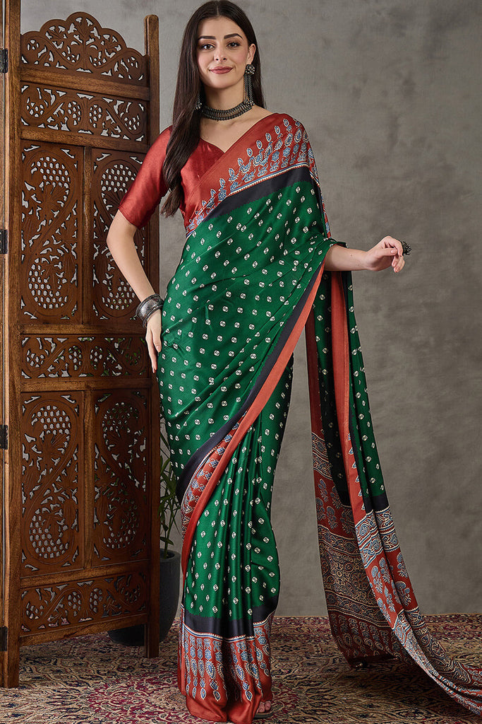Kaitoke Green Ajrakh Printed Satin Silk Saree