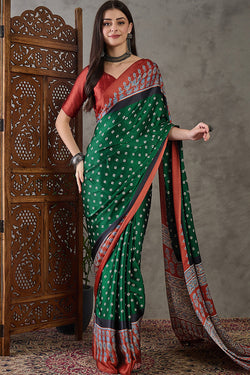 Kaitoke Green Ajrakh Printed Satin Silk Saree