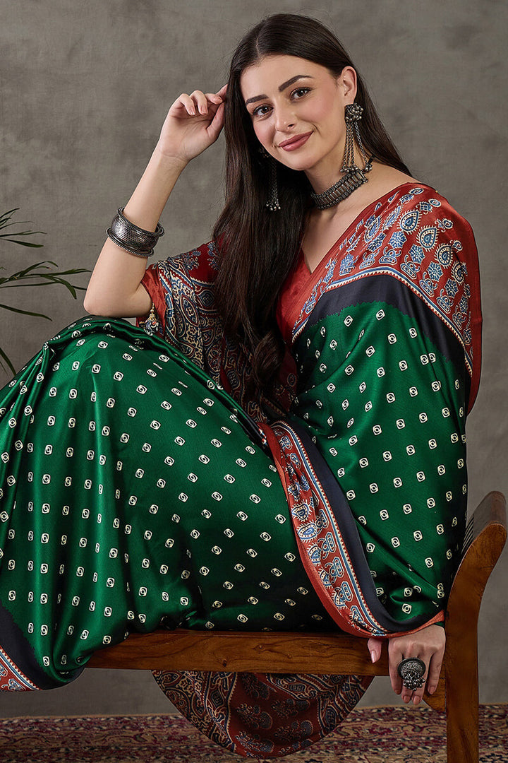 Kaitoke Green Ajrakh Printed Satin Silk Saree