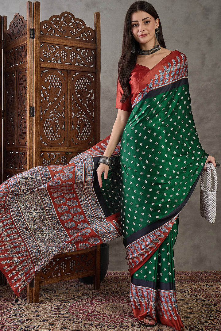 Kaitoke Green Ajrakh Printed Satin Silk Saree