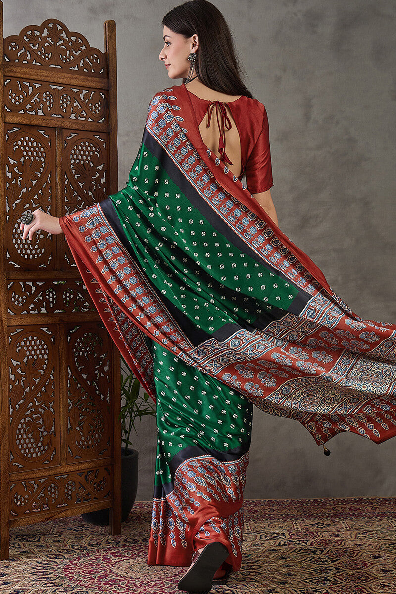 Kaitoke Green Ajrakh Printed Satin Silk Saree