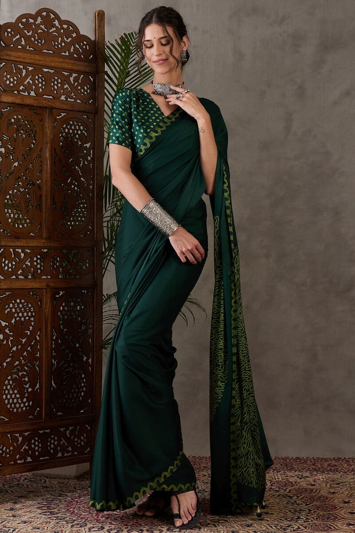 Kaitoke Green Printed Satin Silk Saree