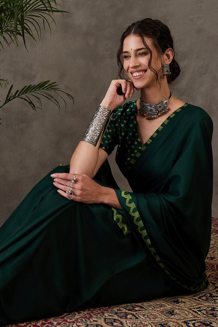 Kaitoke Green Printed Satin Silk Saree