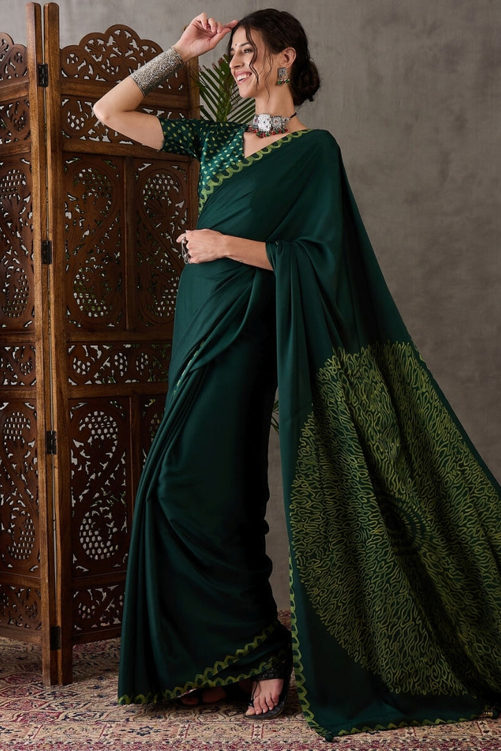 Kaitoke Green Printed Satin Silk Saree