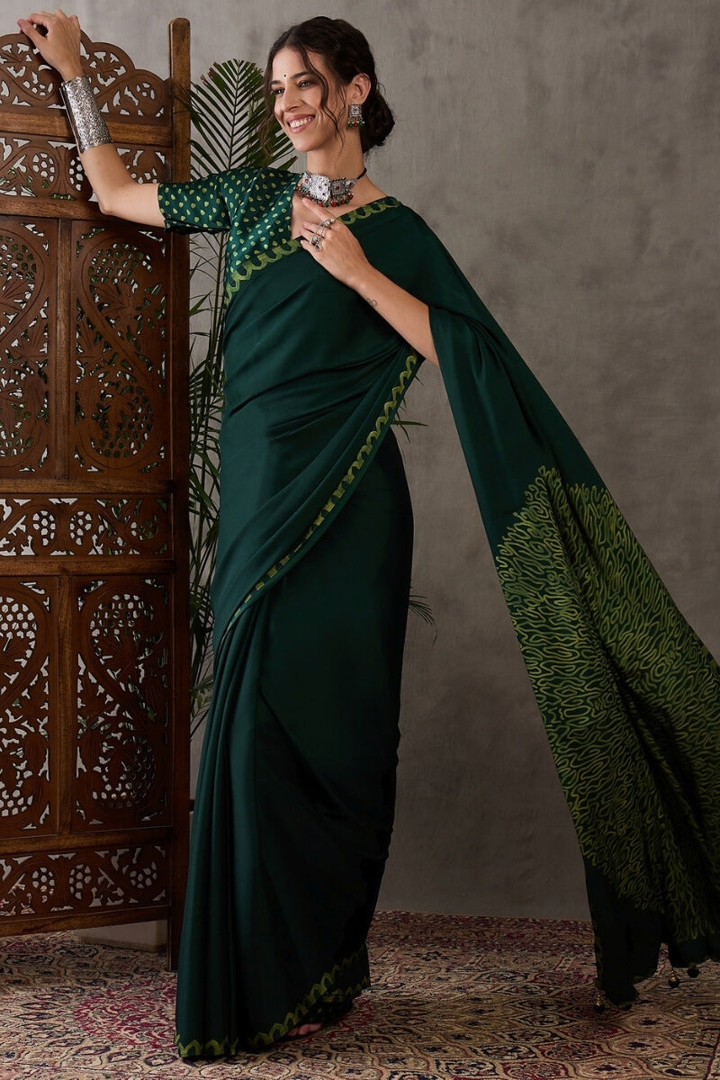 Kaitoke Green Printed Satin Silk Saree