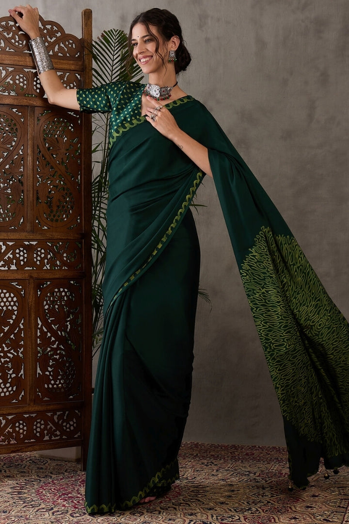 Kaitoke Green Printed Satin Silk Saree