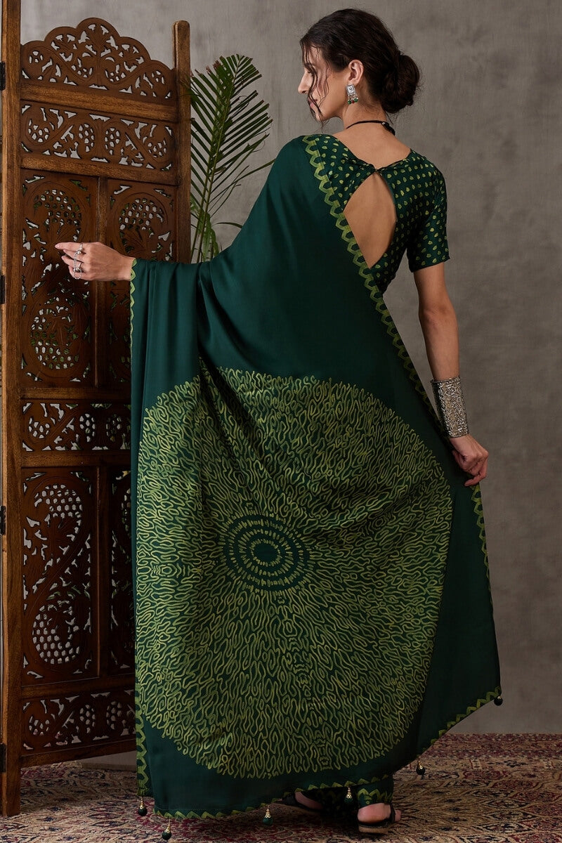 Kaitoke Green Printed Satin Silk Saree