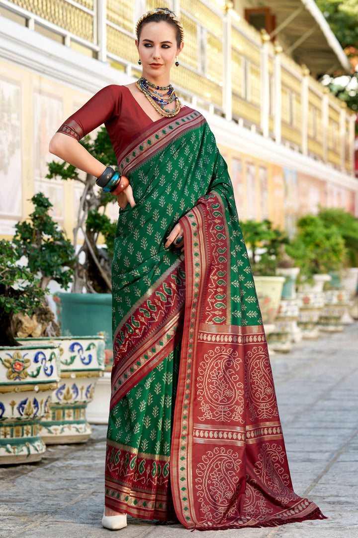 Kaitoke Green Soft Ikkat Silk Saree