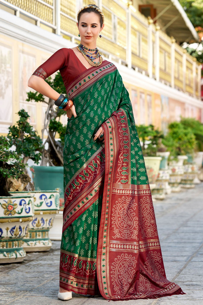 Kaitoke Green Soft Ikkat Silk Saree