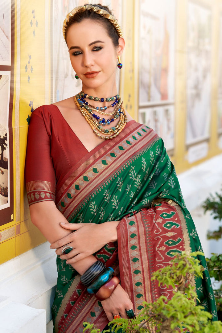 Kaitoke Green Soft Ikkat Silk Saree