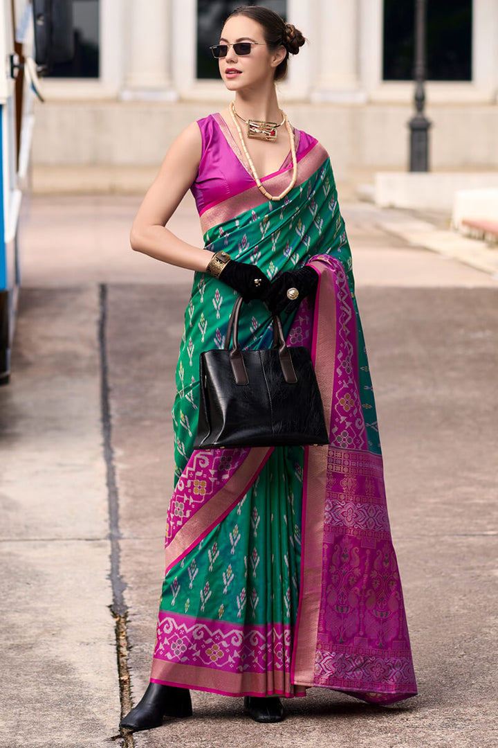 Kaitoke Green Soft Silk Saree with Ikkat Border