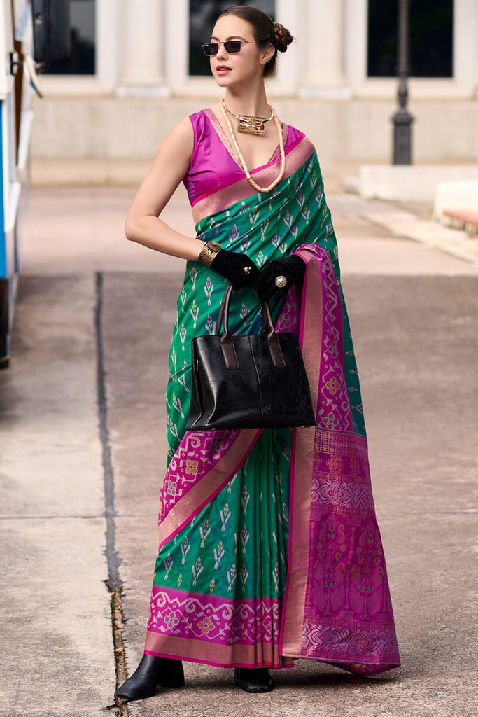 Kaitoke Green Soft Silk Saree with Ikkat Border