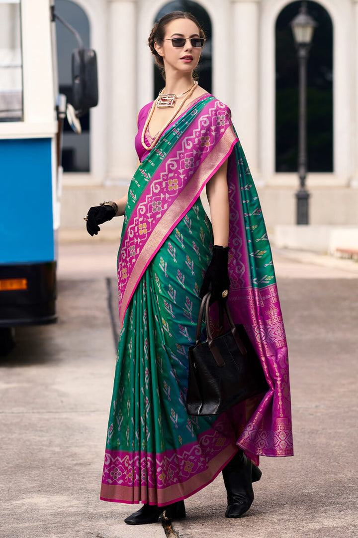 Kaitoke Green Soft Silk Saree with Ikkat Border