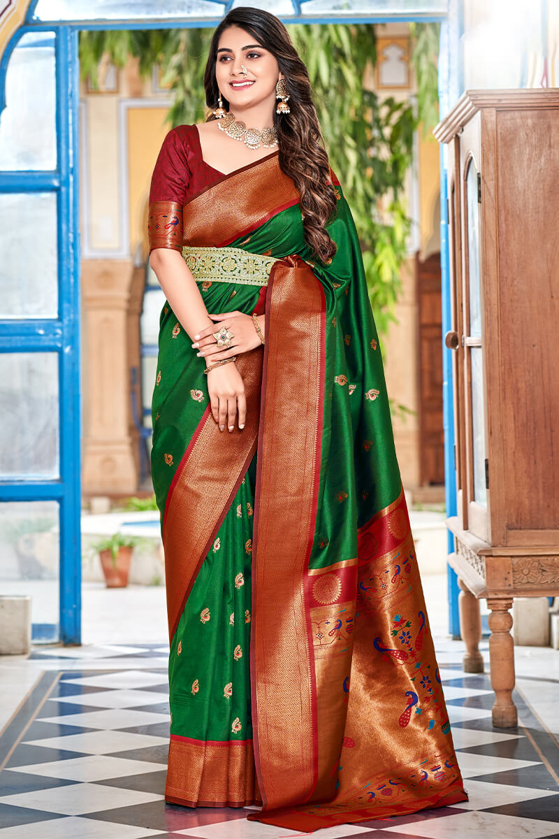 Kaitoke Green Zari Woven Paithani Silk Saree