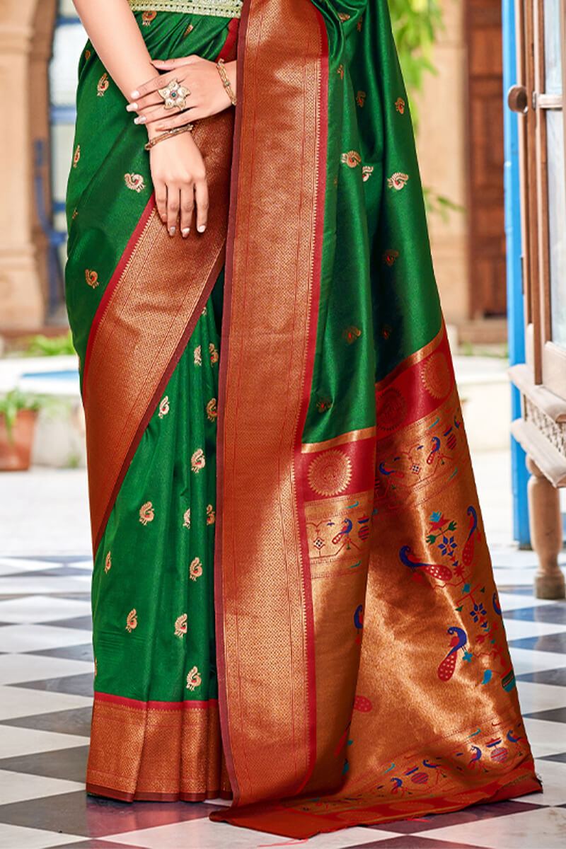 Kaitoke Green Zari Woven Paithani Silk Saree