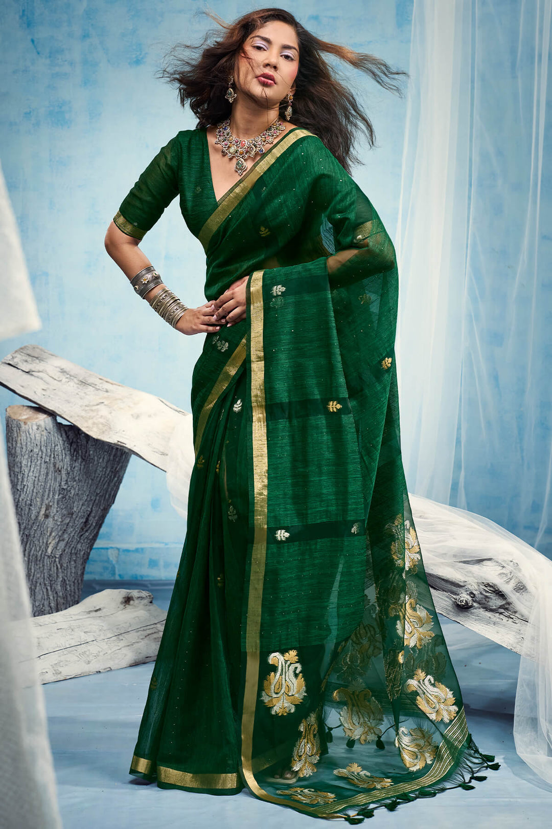 Kaitoke Green Zari Woven Pure Munga Cotton saree