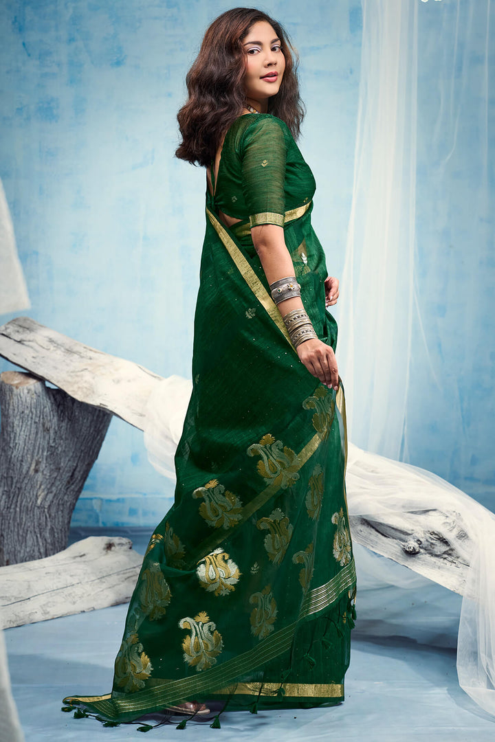 Kaitoke Green Zari Woven Pure Munga Cotton saree