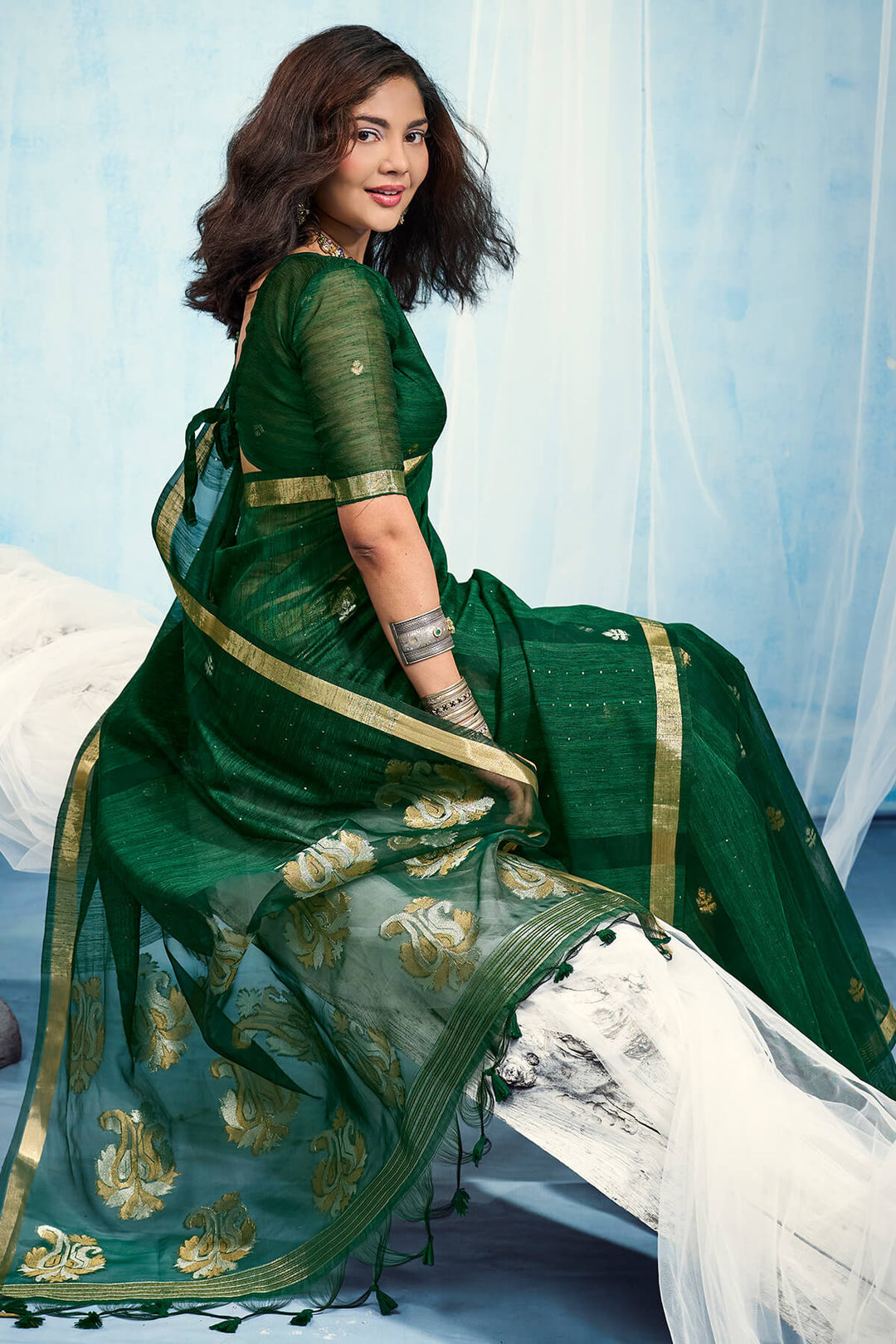 Kaitoke Green Zari Woven Pure Munga Cotton saree