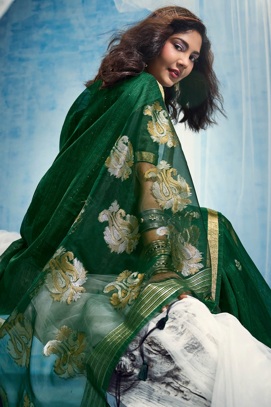 Kaitoke Green Zari Woven Pure Munga Cotton saree