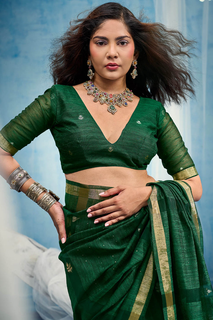 Kaitoke Green Zari Woven Pure Munga Cotton saree