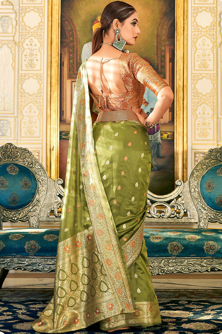 Khaki Green Banarasi Organza Silk Saree