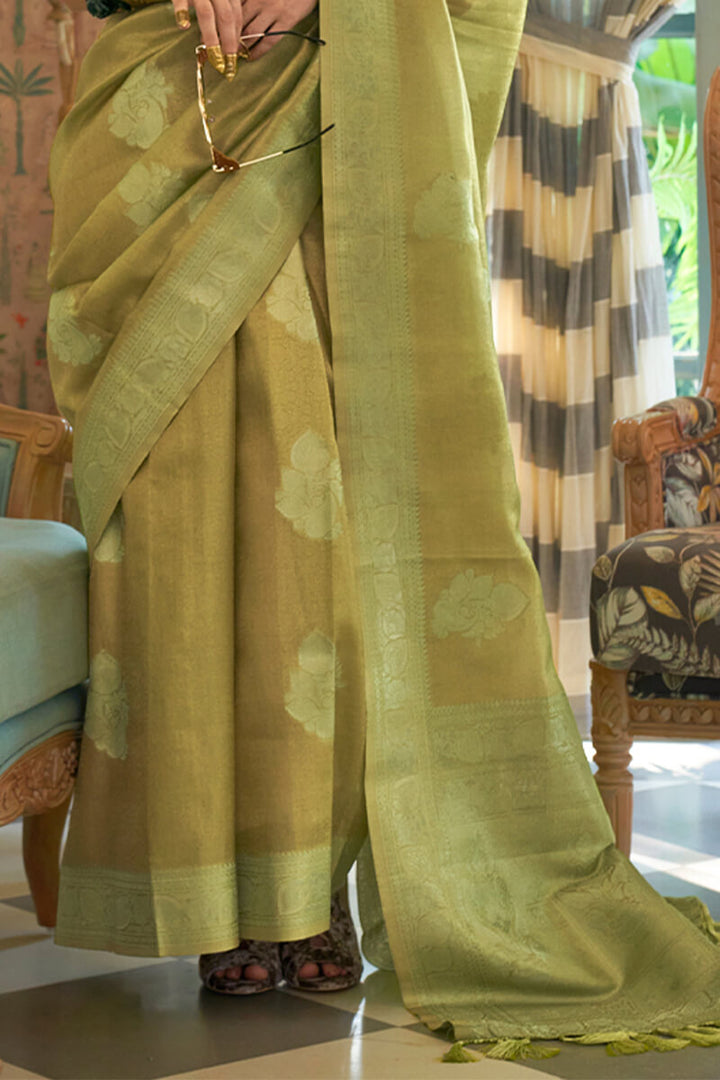Khaki Green Banarasi Tissue silk Saree