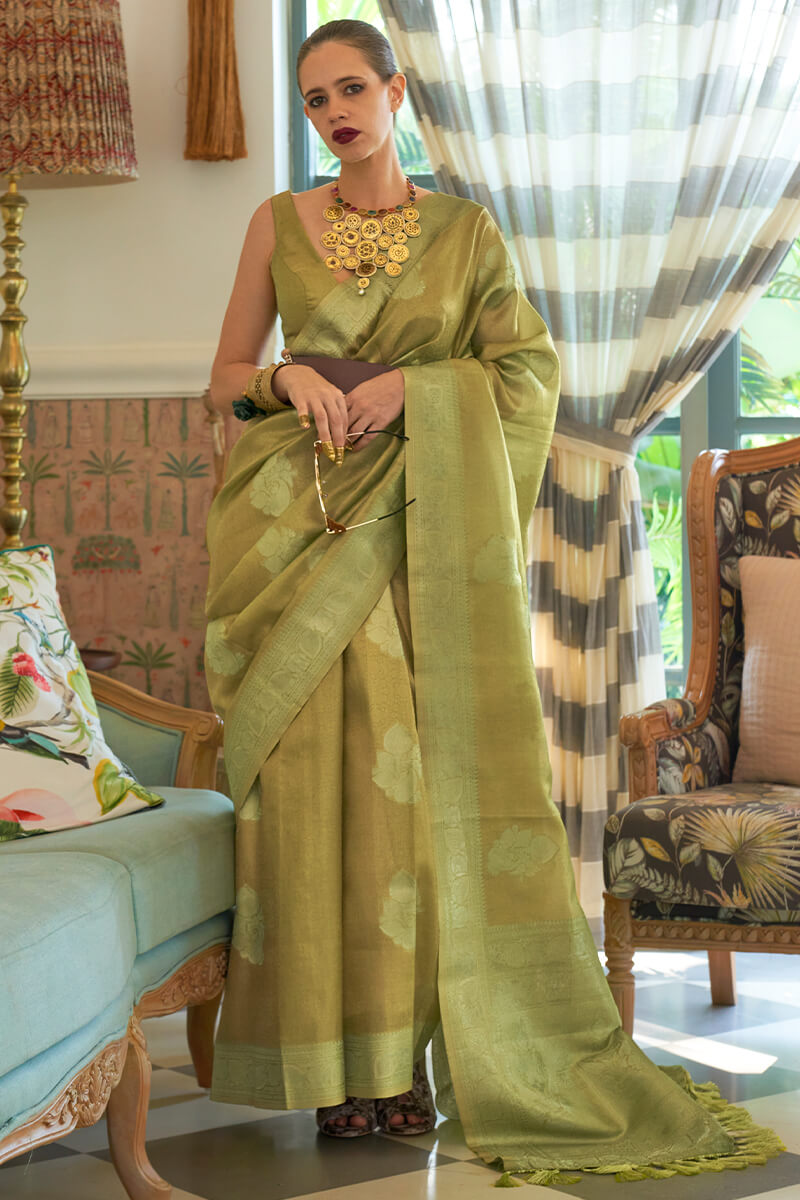 Khaki Green Banarasi Tissue silk Saree
