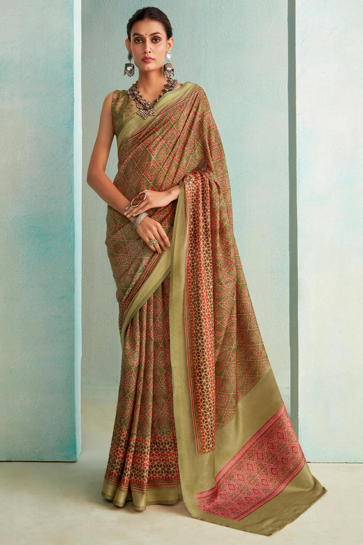 Khaki Green Handloom Woven Digital Printed Soft Silk Saree