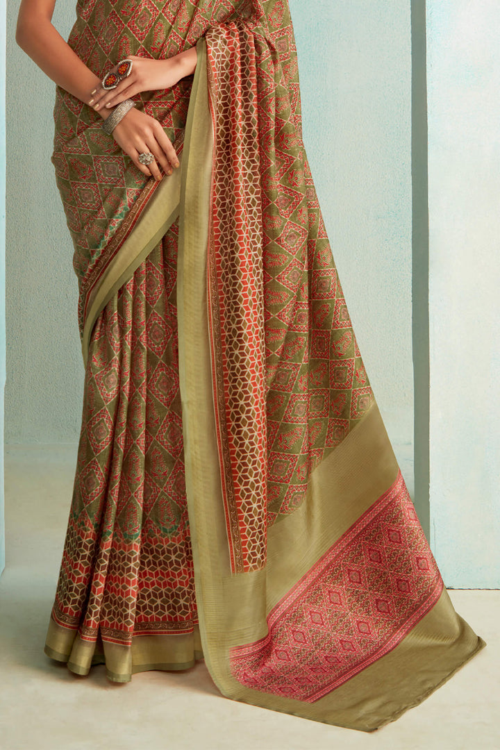 Khaki Green Handloom Woven Digital Printed Soft Silk Saree