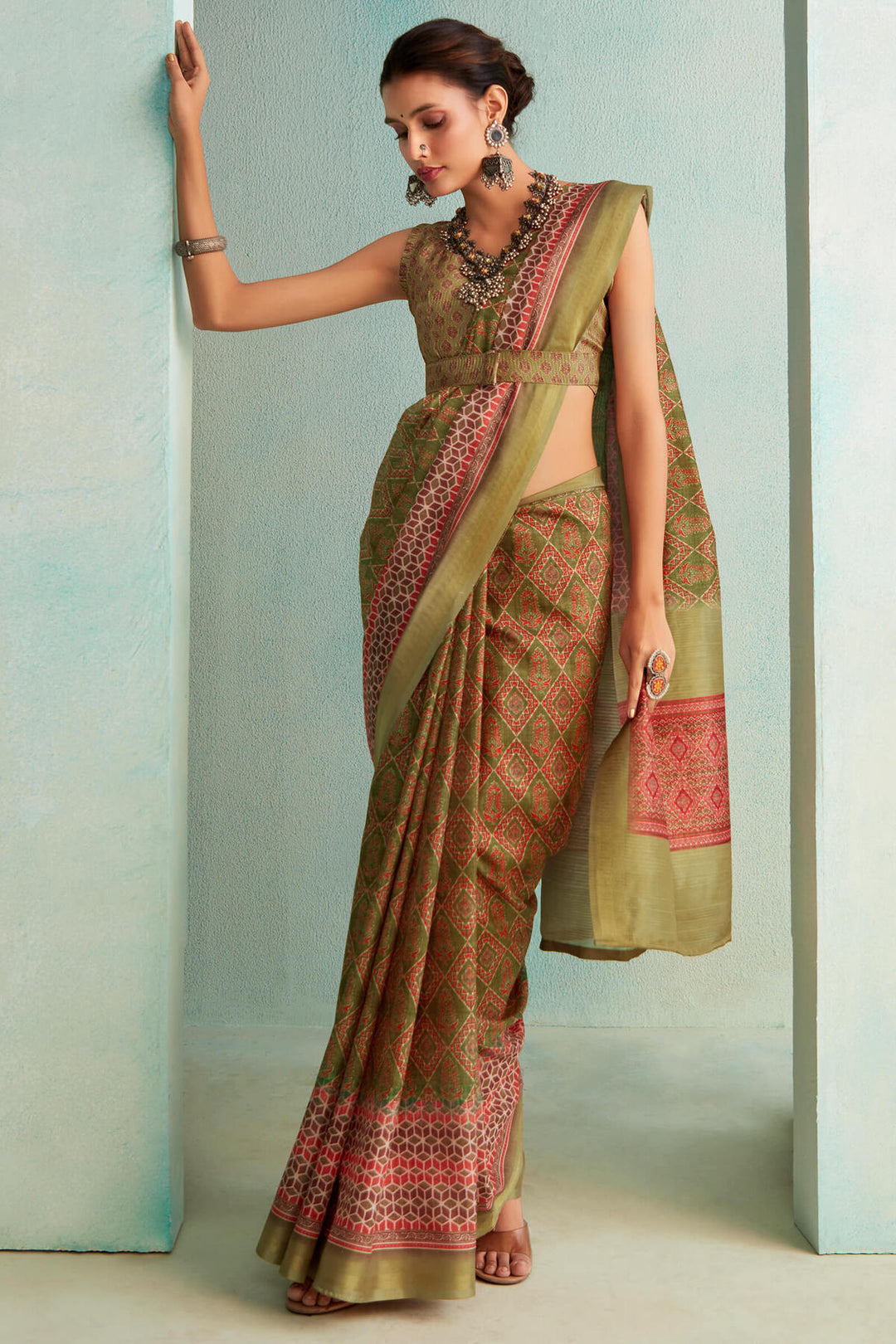 Khaki Green Handloom Woven Digital Printed Soft Silk Saree