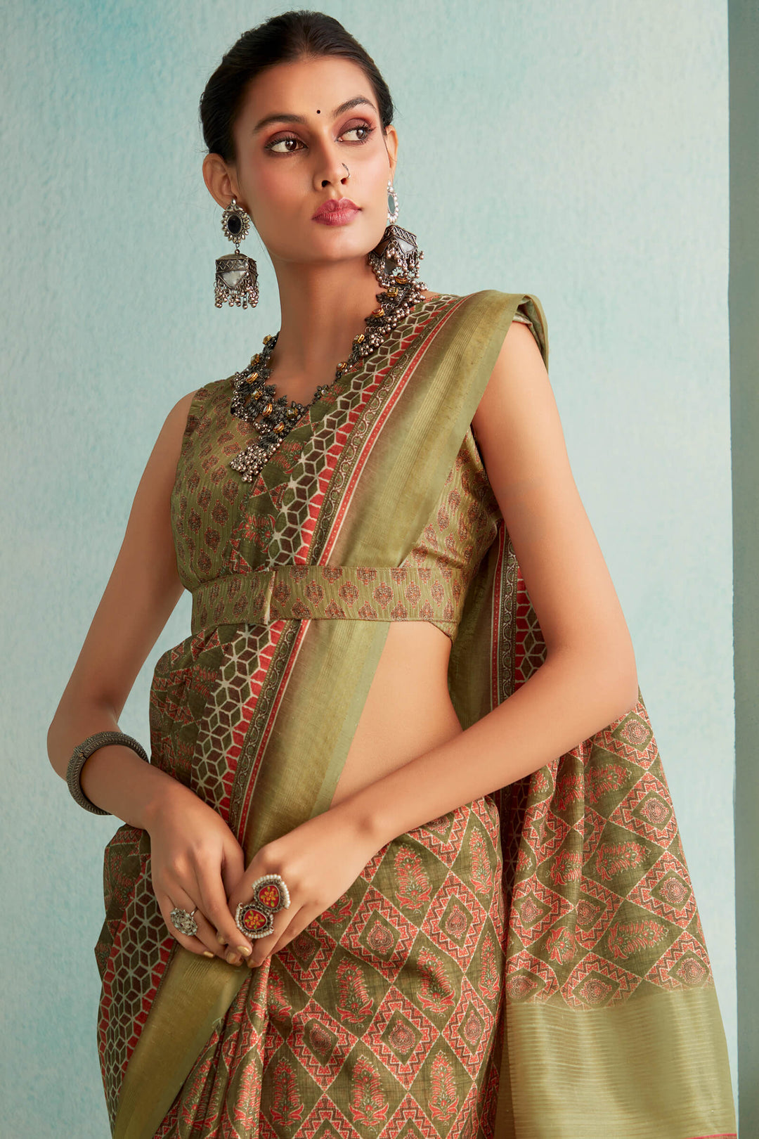 Khaki Green Handloom Woven Digital Printed Soft Silk Saree