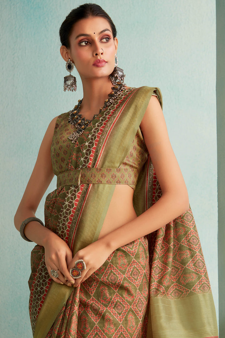 Khaki Green Handloom Woven Digital Printed Soft Silk Saree