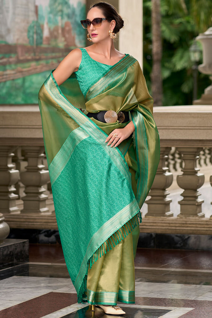 Khaki Green Tissue Silk Saree