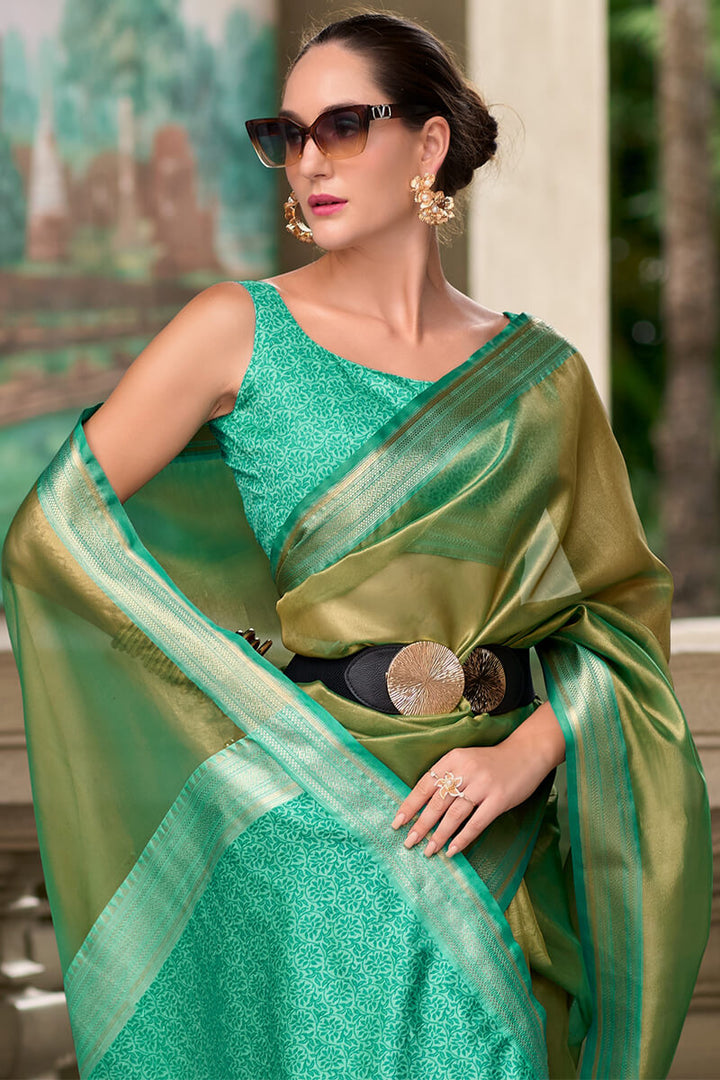 Khaki Green Tissue Silk Saree