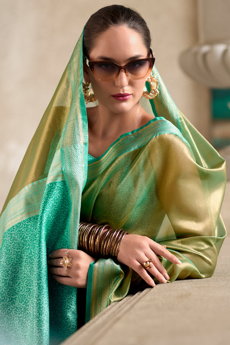 Khaki Green Tissue Silk Saree