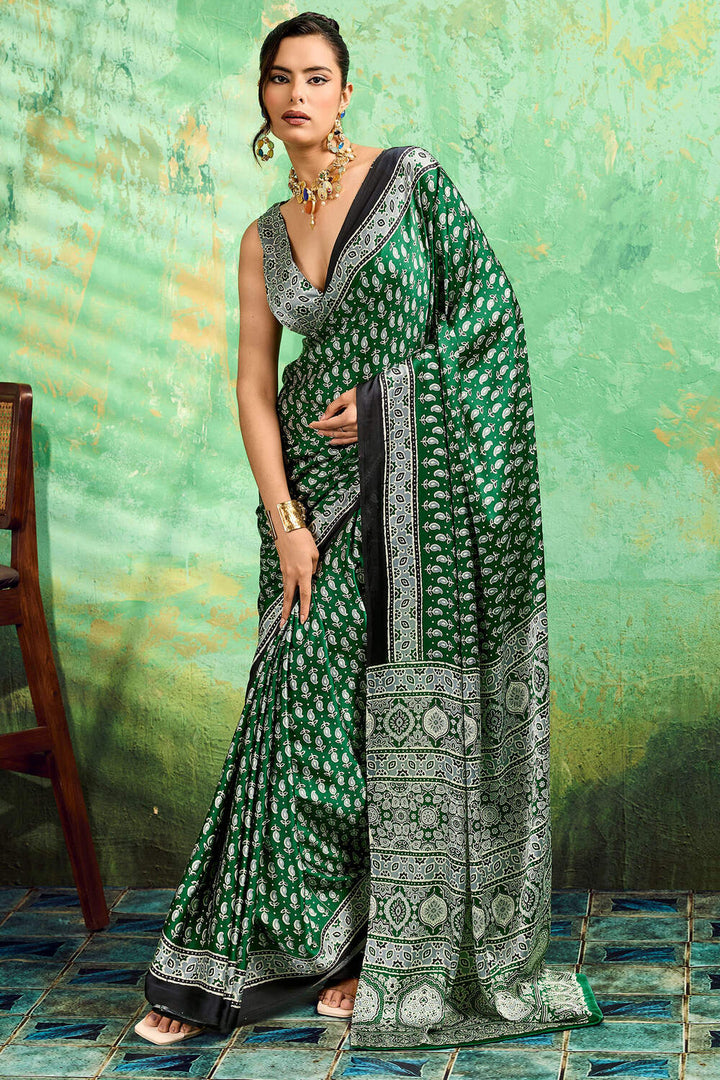 La Salle Green Ajrakh Printed Satin Silk Saree