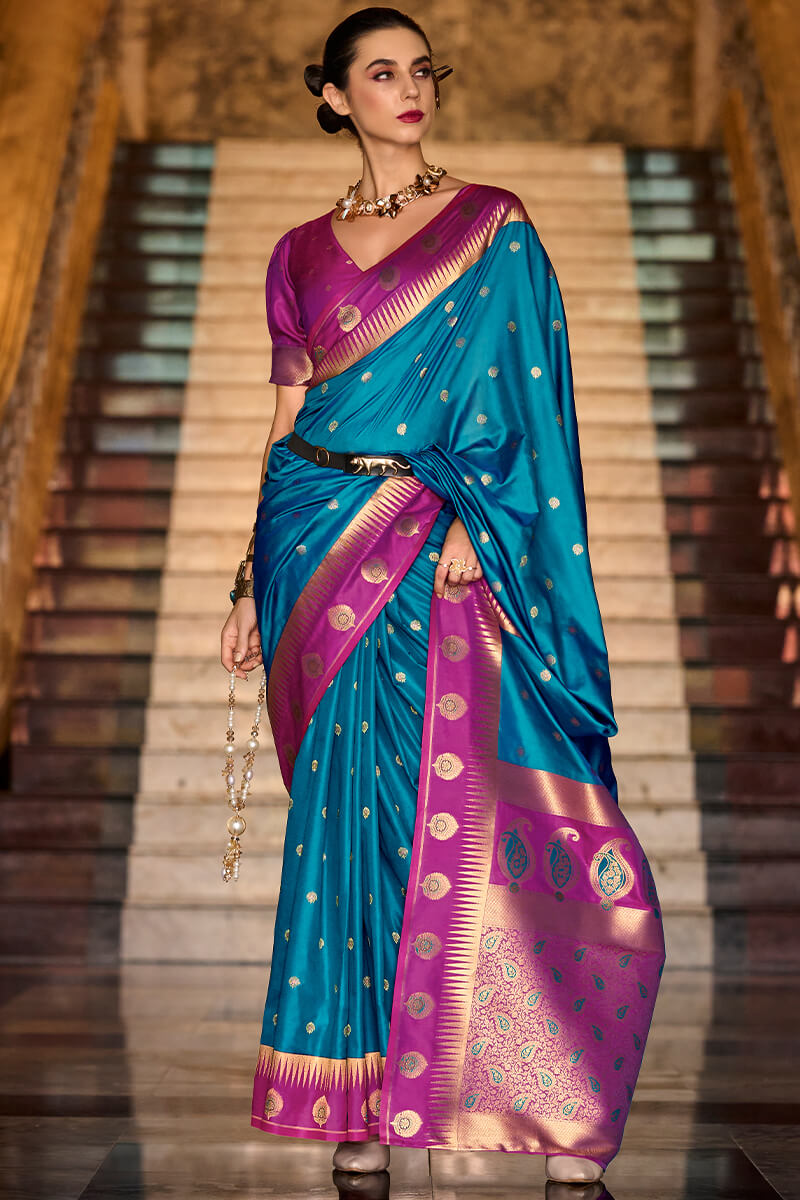 Lagoon Blue Soft Banarasi Silk Saree