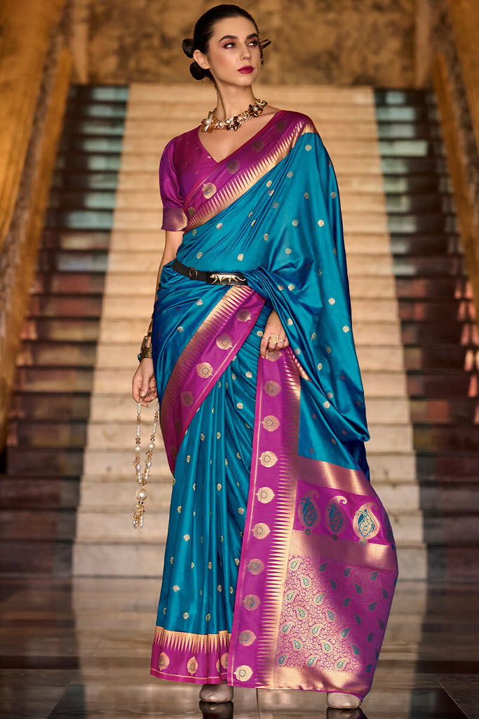 Lagoon Blue Soft Banarasi Silk Saree