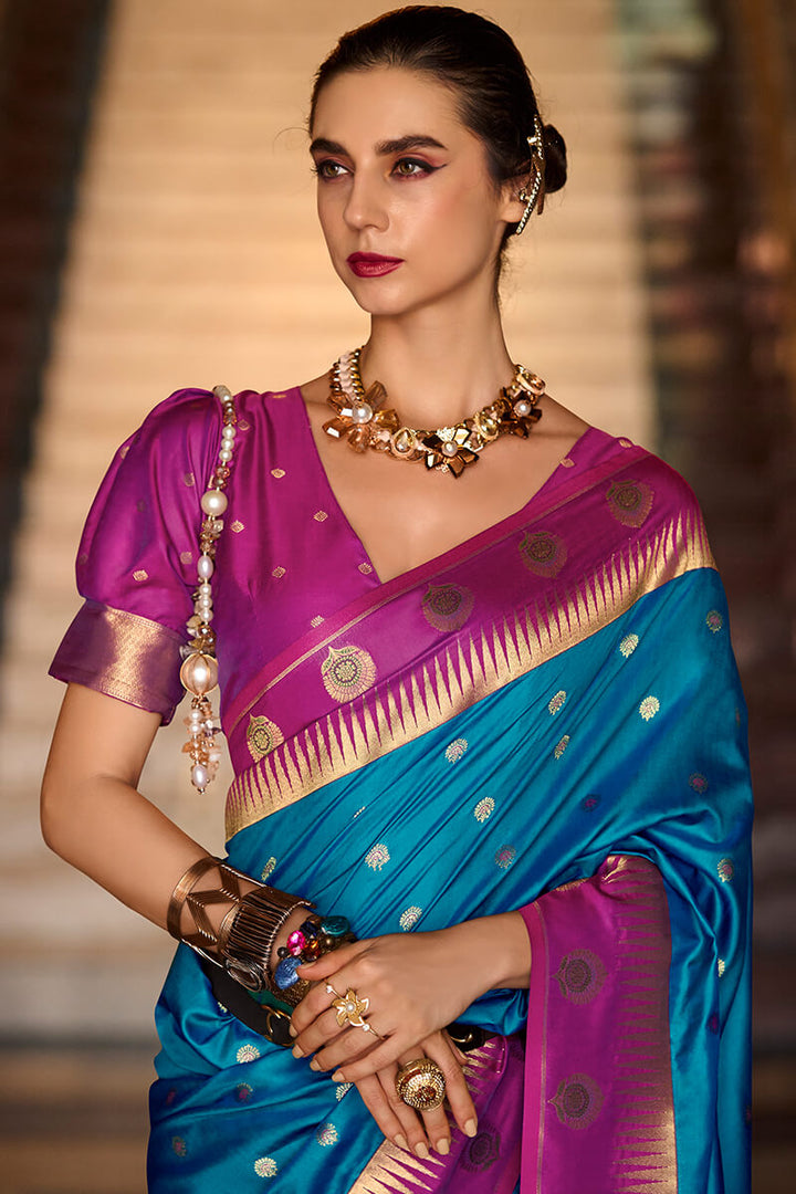 Lagoon Blue Soft Banarasi Silk Saree