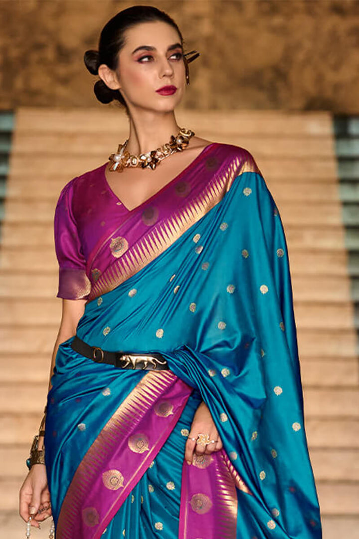Lagoon Blue Soft Banarasi Silk Saree