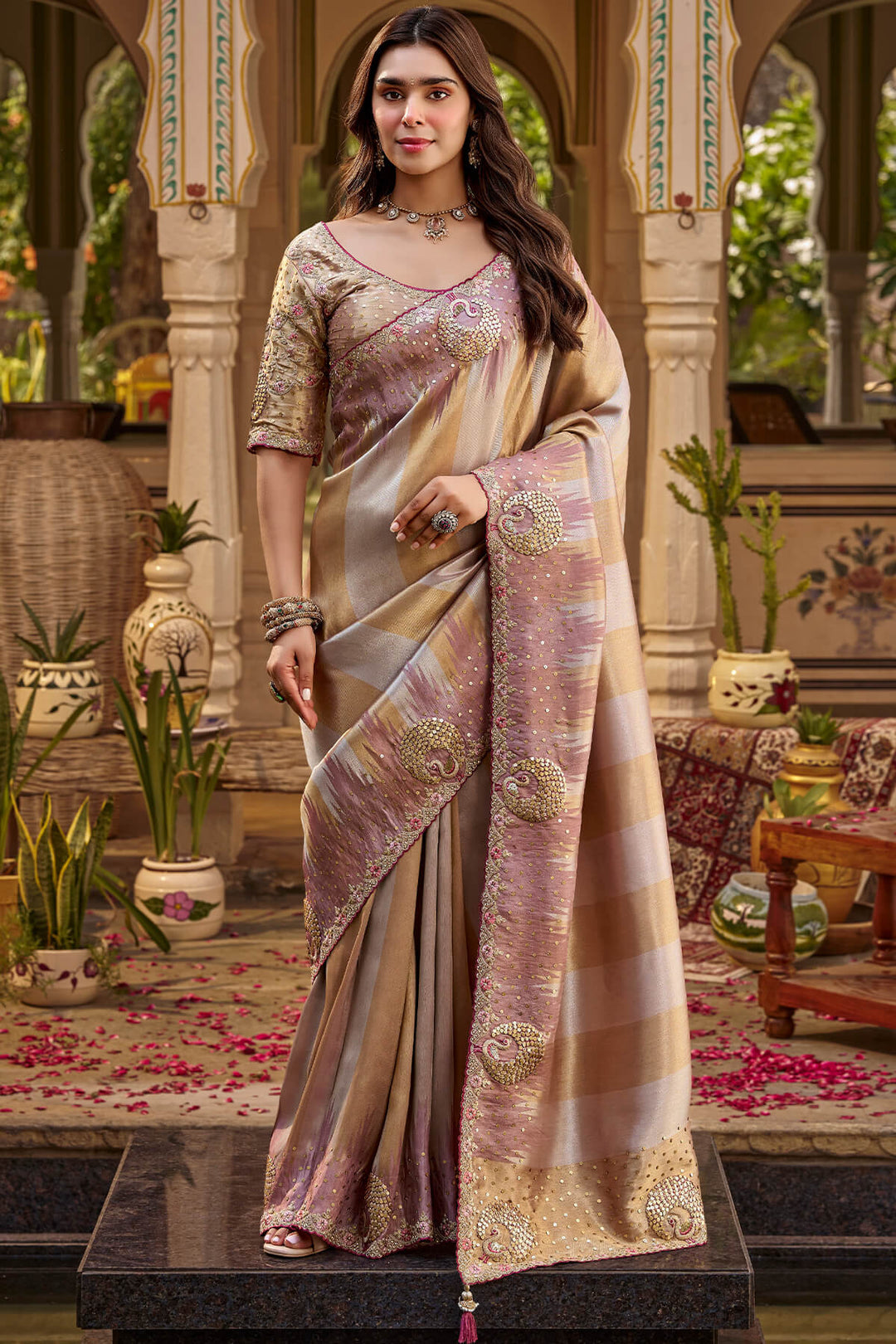 Languid Lavender Hand Work Viscose Saree with Stiched Blouse