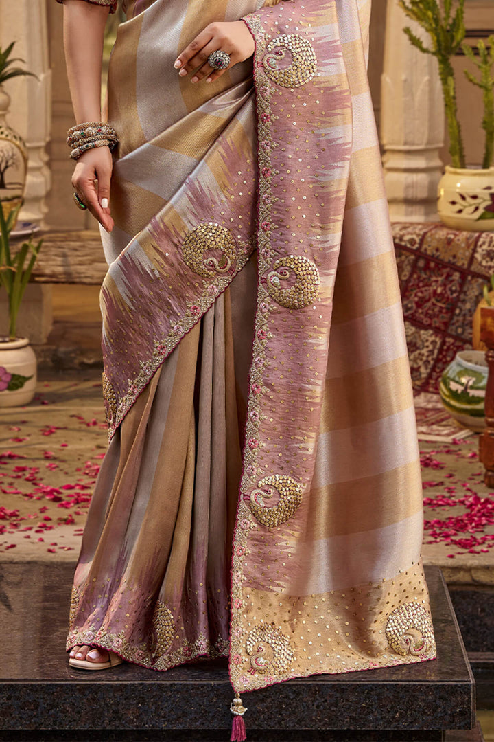 Languid Lavender Hand Work Viscose Saree with Stiched Blouse