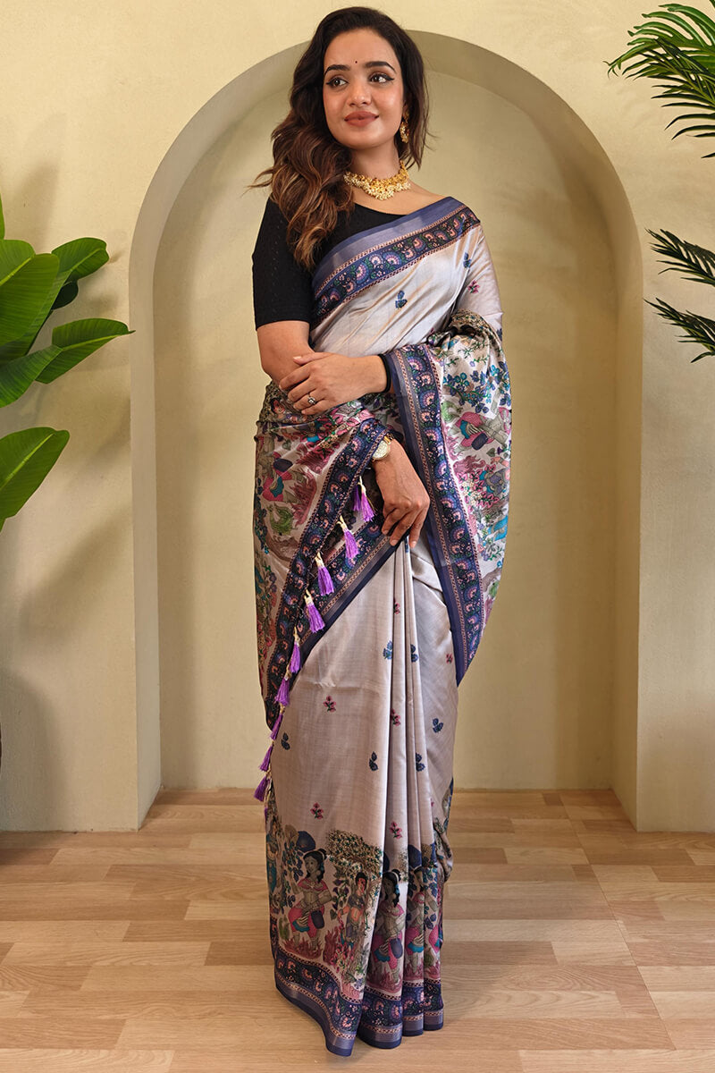Languid Lavender Kalamkari Digital Printed Pure Dola Viscos saree