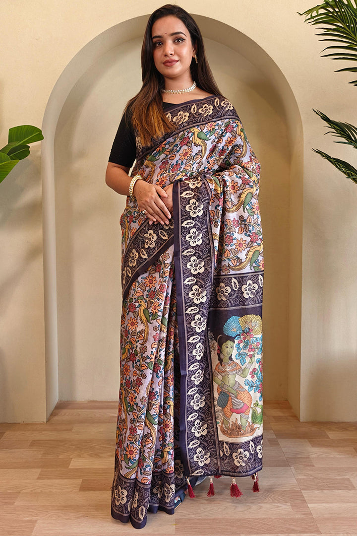 Languid Lavender Kalamkari Printed Chanderi Cotton Saree