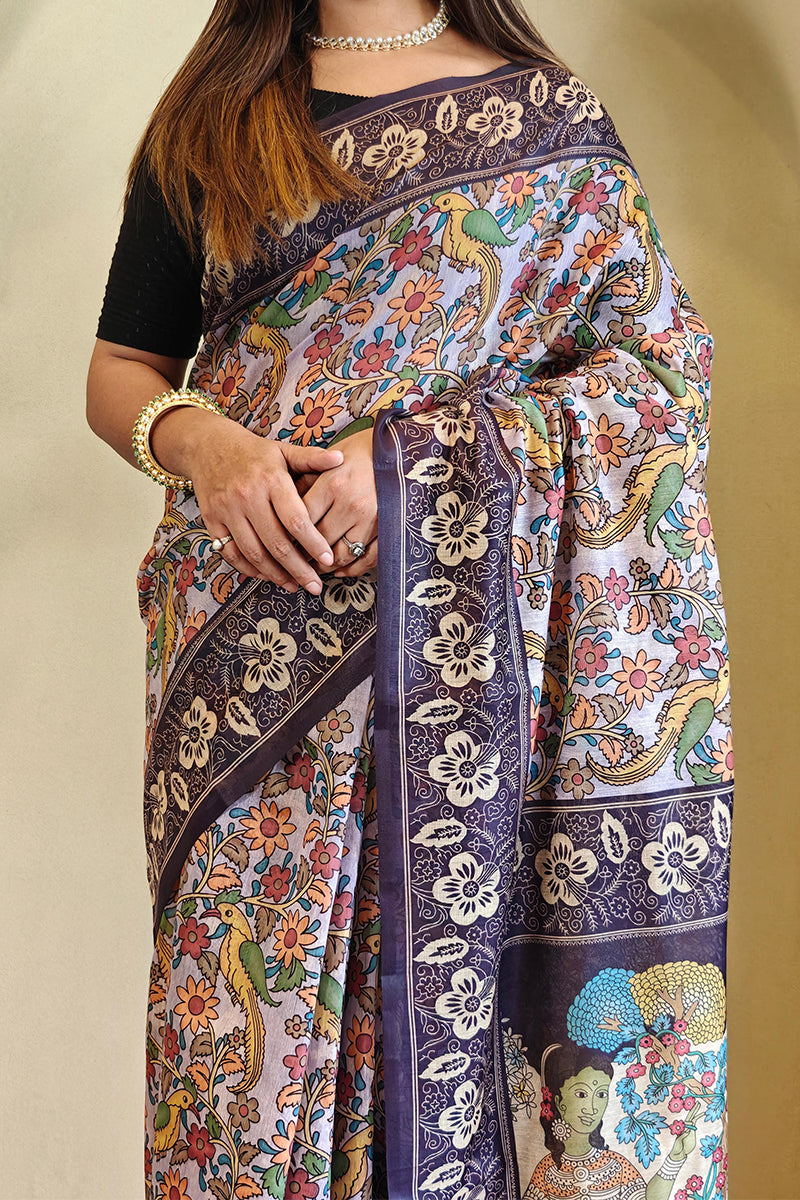 Languid Lavender Kalamkari Printed Chanderi Cotton Saree