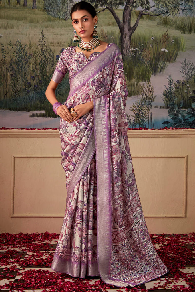 Languid Lavender Printed Tussar Silk Saree